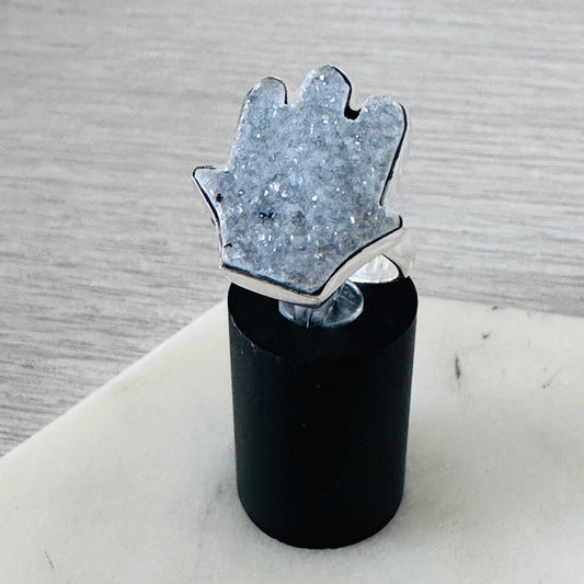 Hamsa Agate Druzy Sterling Silver Ring – Size 8, 925 Natural Stone