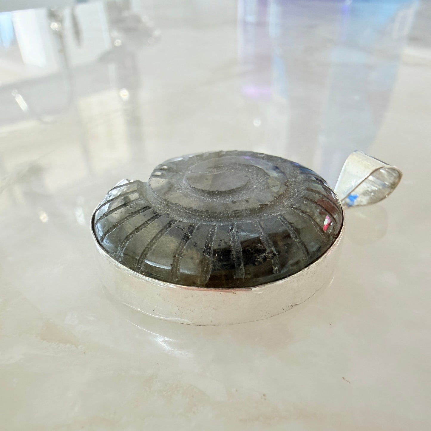 Carved Labradorite Ammonite Pendant 925 Silver Plated