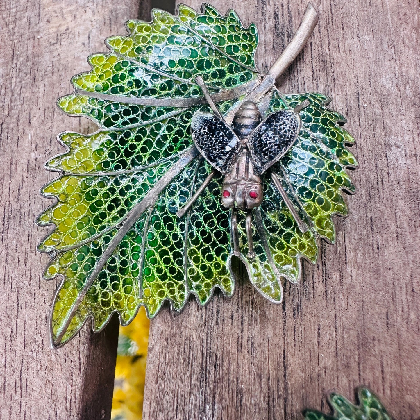 Vintage Plique a Jour Enamel 800 Silver Leaf Bug Brooch Large