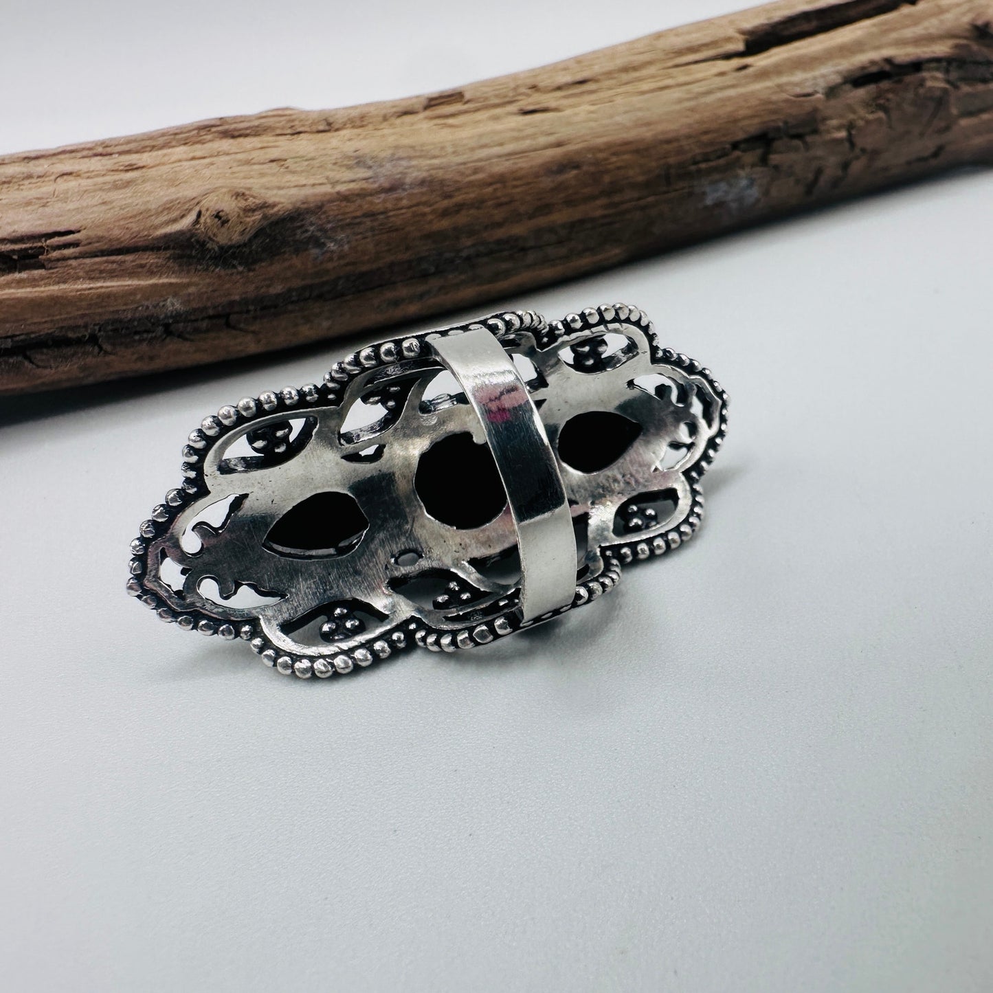 Black Onyx Sterling Silver Plated Ring – Size 7, Ornate Four-Stone Statement Design, Gemstone Ring