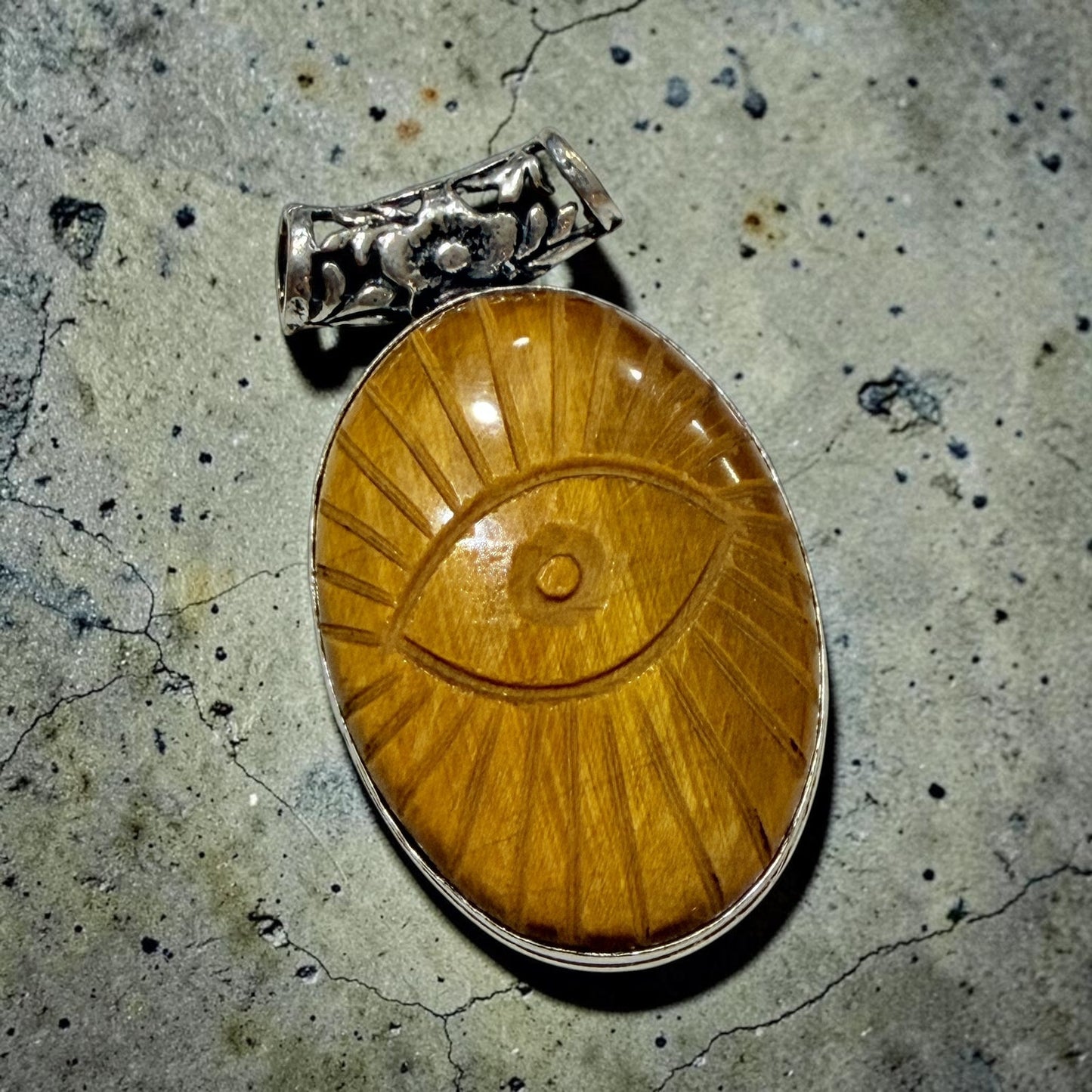 Tiger Eye Evil Eye Pendant Sterling Silver Plated Carved Stone