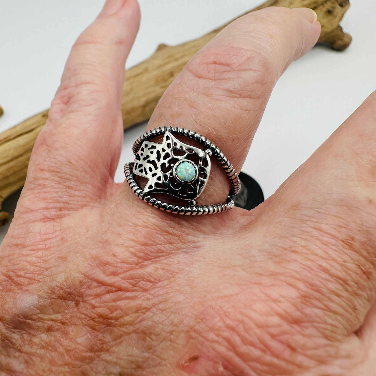 Sterling Silver Lab Opal Hamsa Ring