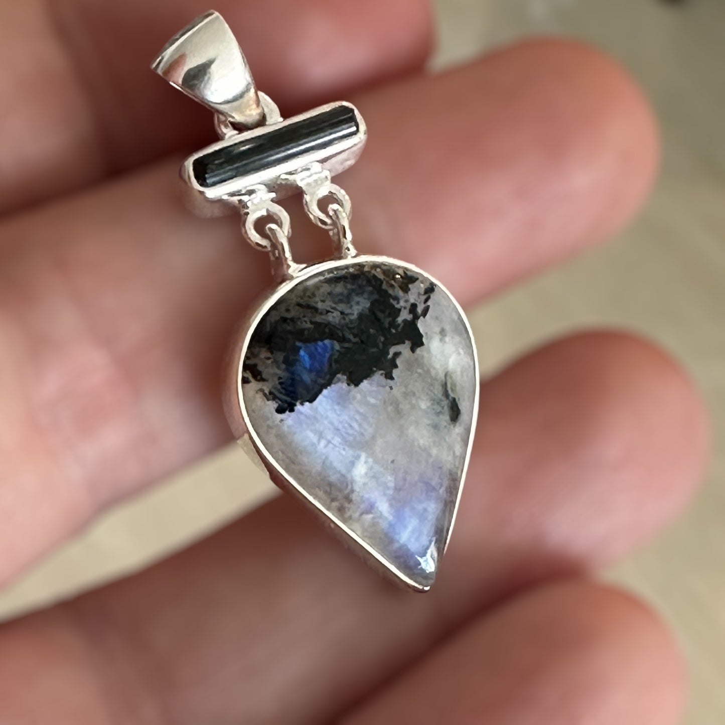 Natural Black Tourmaline In Rainbow Moonstone Sterling Silver Pendant