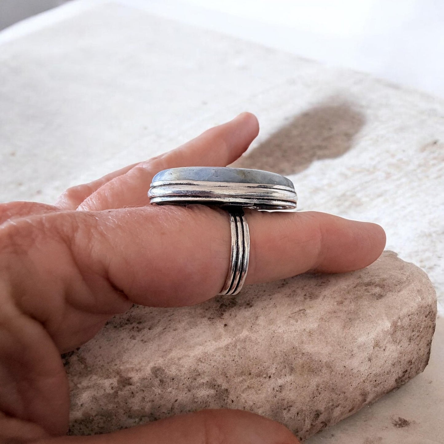 Blue Kyanite Statement Ring Sterling Silver Overlay Size 9