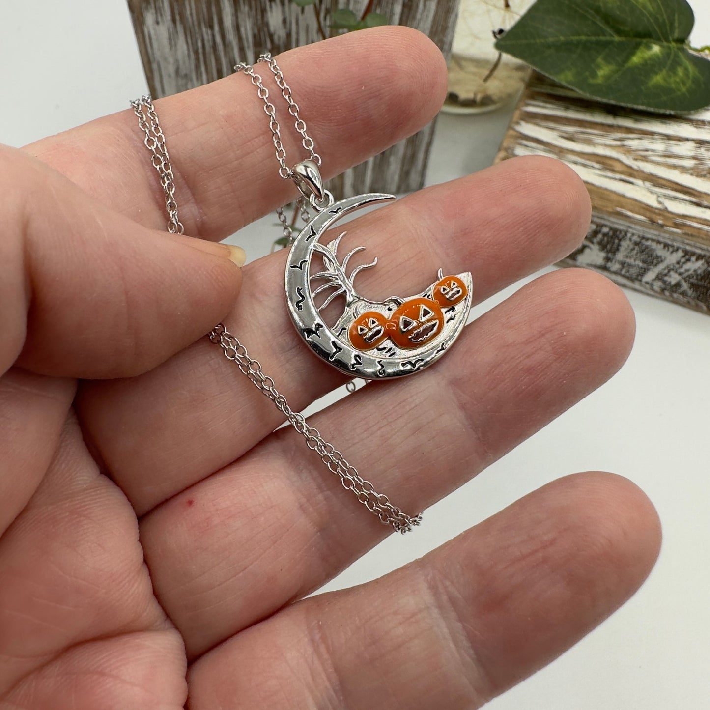 Sterling Silver Moon, Pumpkin, Bats Halloween Pendant Necklace