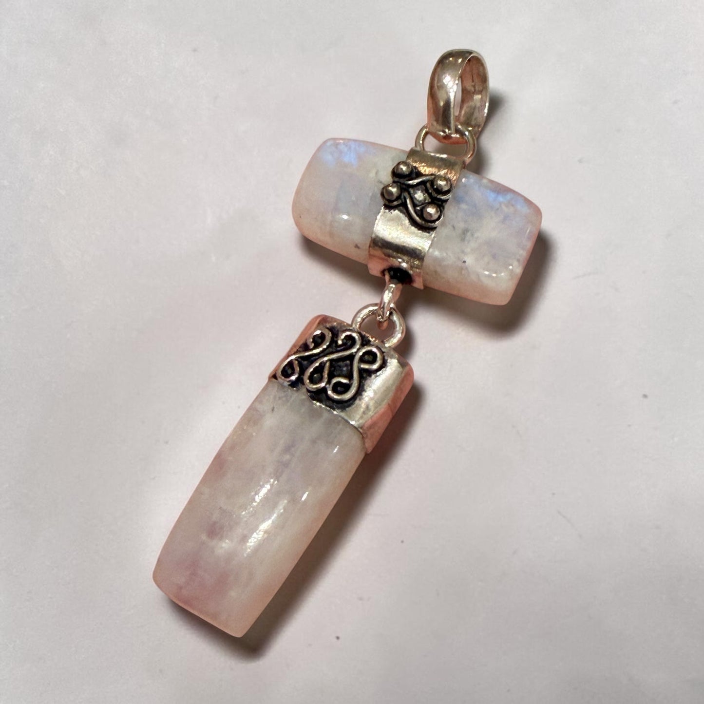 Long Drop Rainbow Moonstone 925 Silver Plated Pendant 2.5"