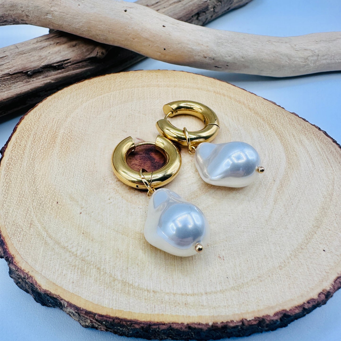 Baroque Pearl Gold Hoop Huggie Earrings 18K Stainless Steel