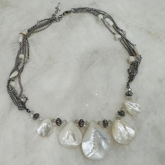 Silver-Tone Multi-Strand Necklace with Mother of Pearl Style Teardrop Drops