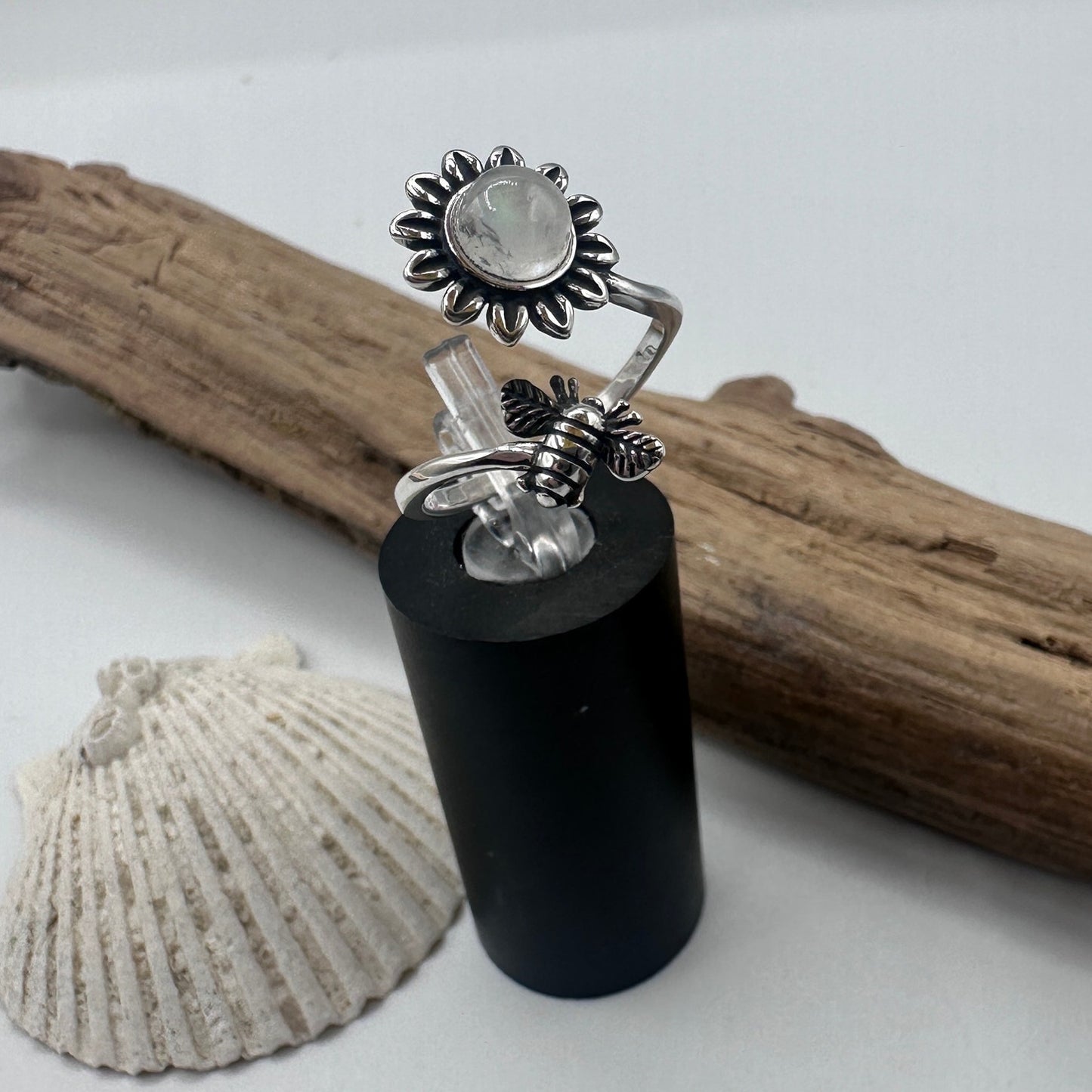 Moonstone Sterling Silver Bee & Sunflower Ring