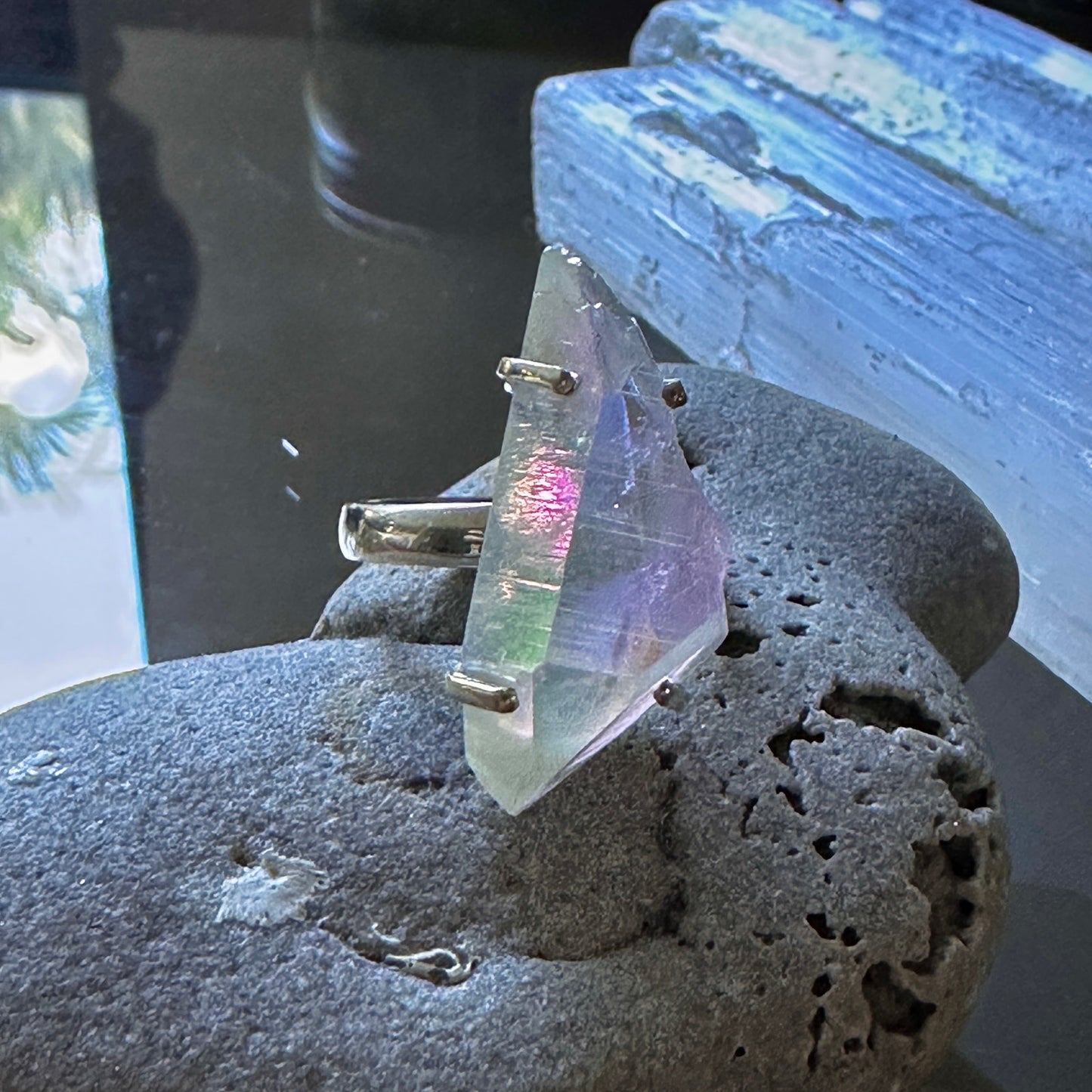 Angel Opal Aura Quartz 925 Sterling Silver Ring