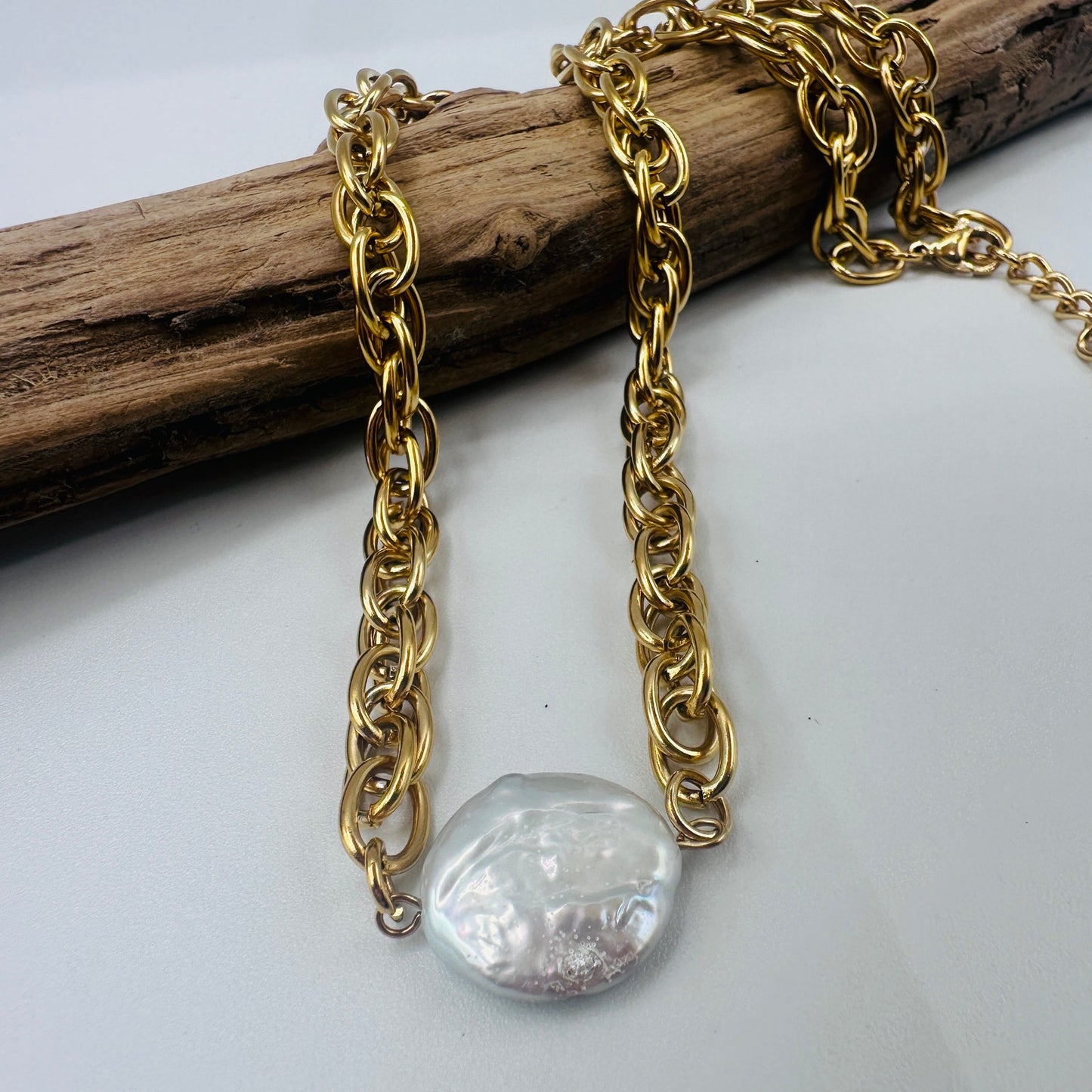 18K Gold Stainless Steel Coin Pearl Necklace-Non Tarnish Water Resistant