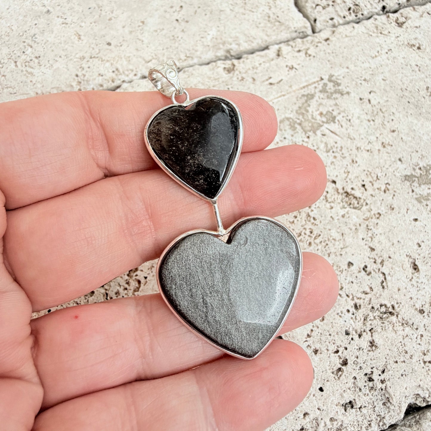 Silver Obsidian Double Heart Pendant 925 Silver Overlay
