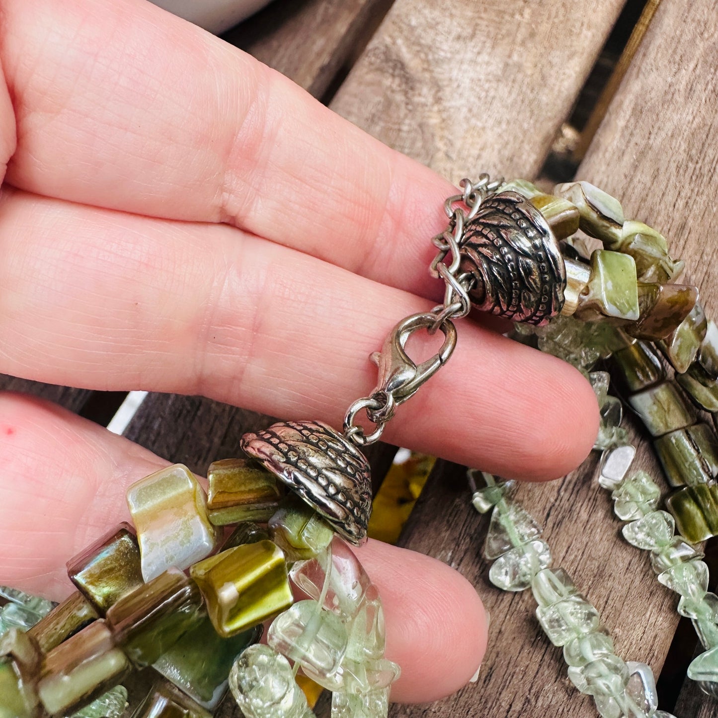 Chunky Green Gemstone & Mother of Pearl Multi-Strand Twisted Necklace