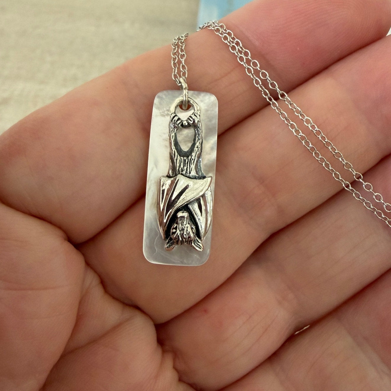 Sterling Silver Bat Pendant Mother of Pearl 18" Chain Gothic