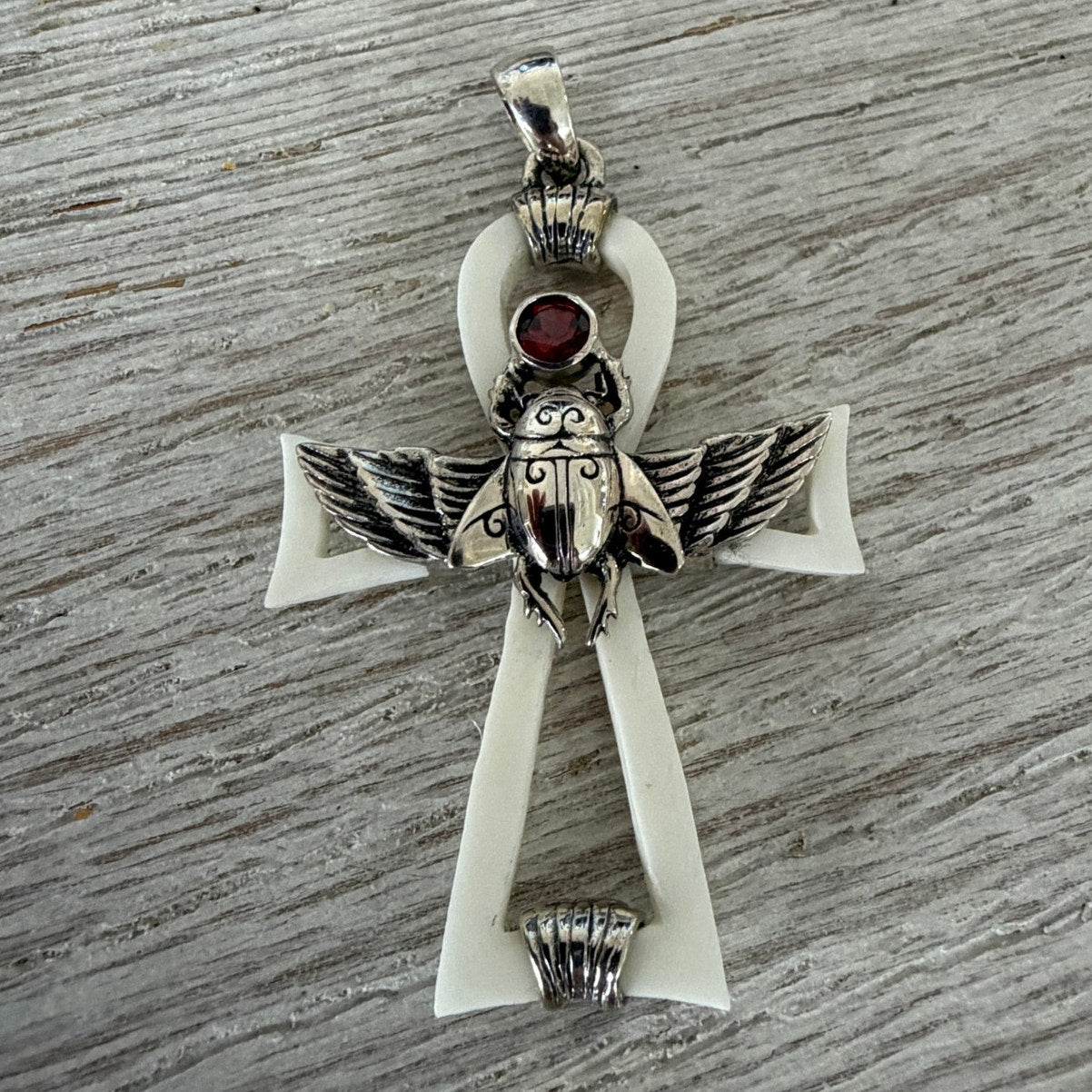 Sterling Silver Hand Carved Bane Ankh Scarab Pendant -Egyptian Symbol-Garnet