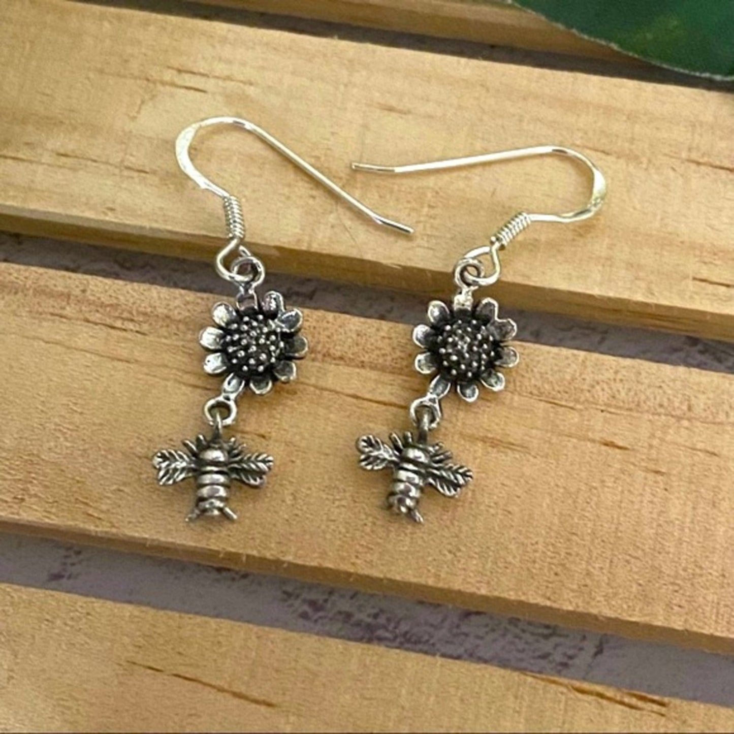 Sunflower Bumble Bee Sterling Silver Earrings