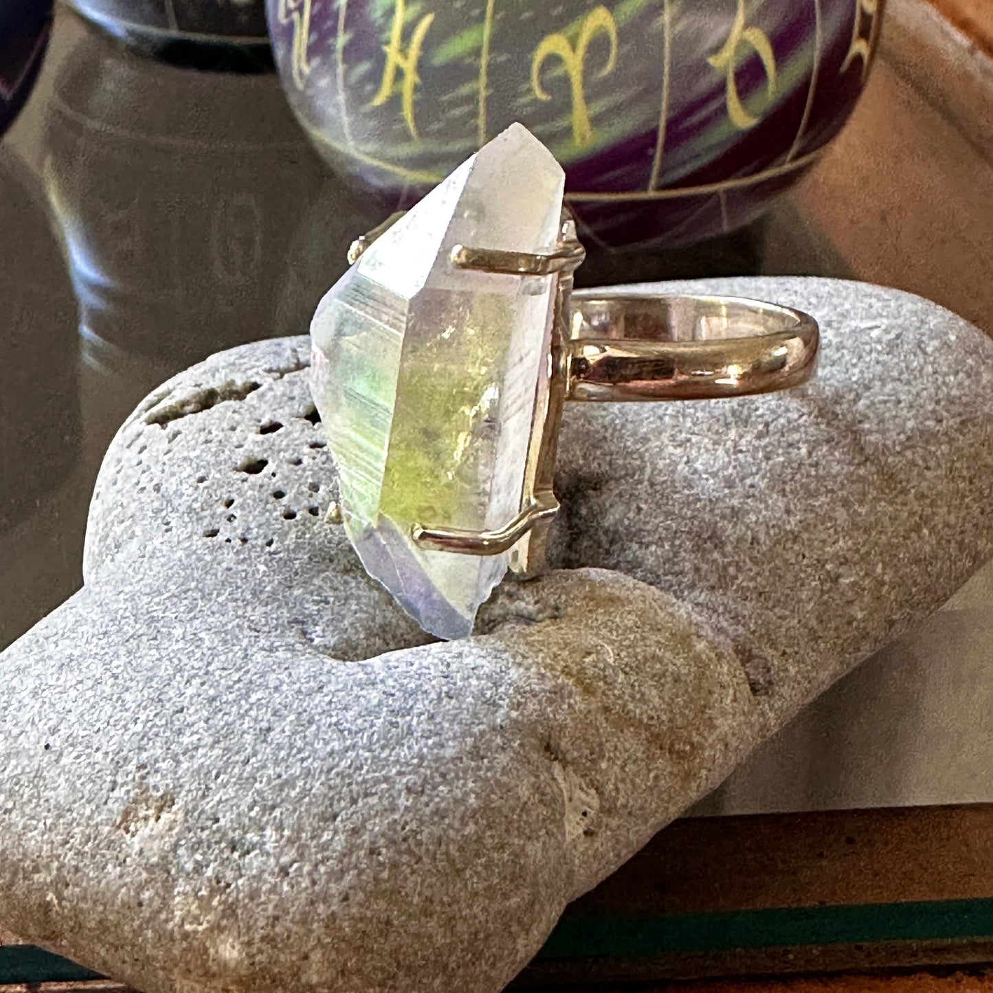 Angel Opal Aura Quartz 925 Sterling Silver Ring