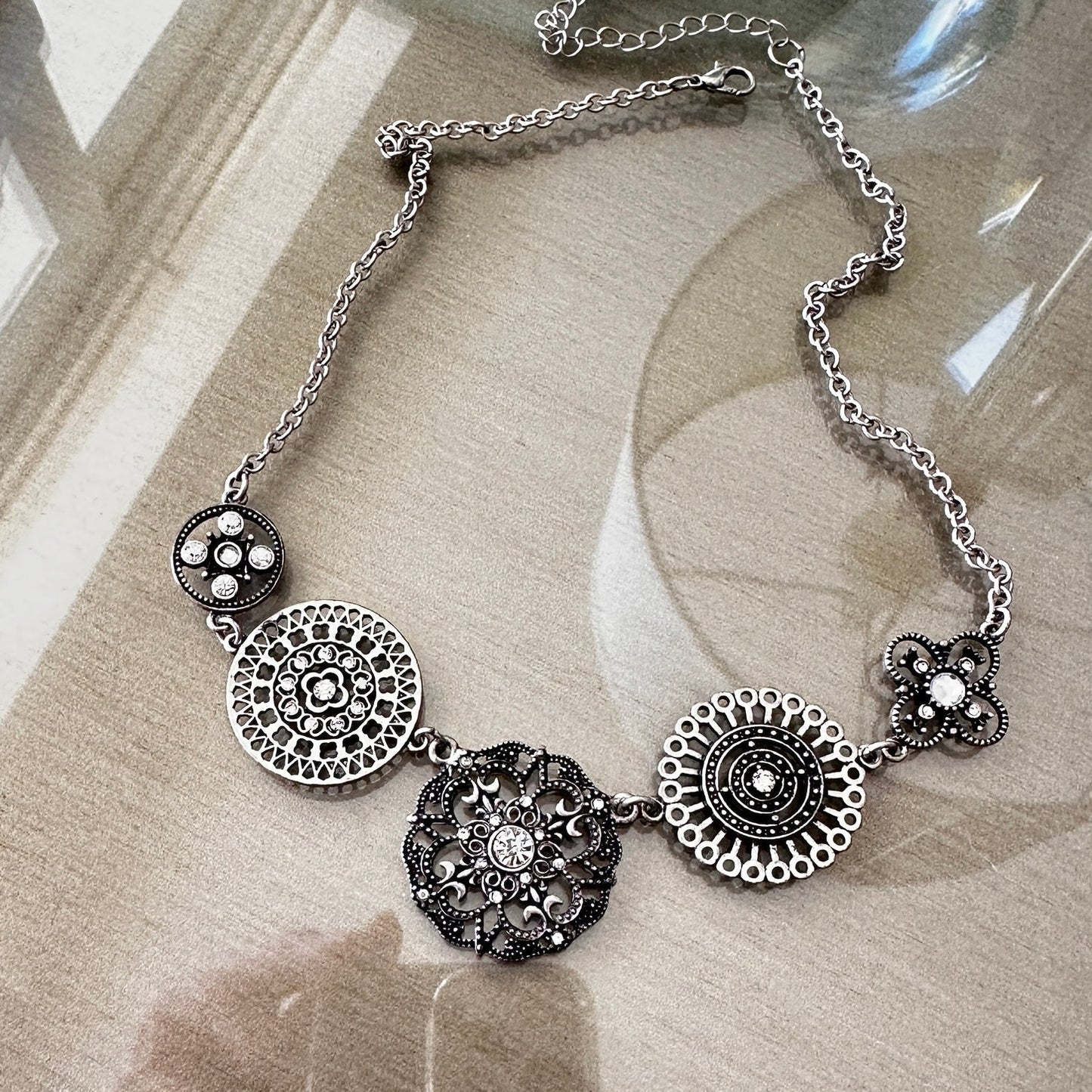 Vintage Silver-Tone Statement Necklace with Clear Rhinestones