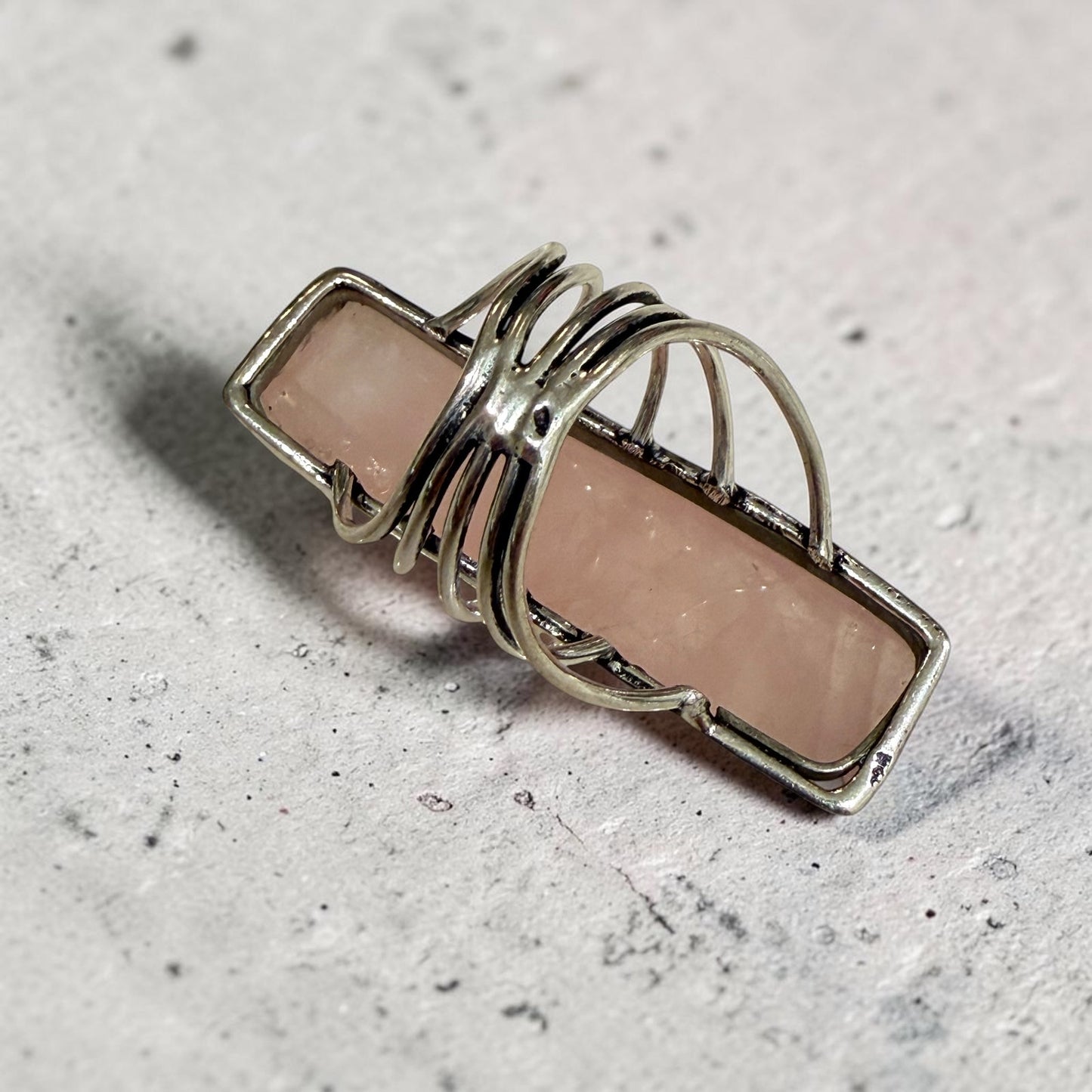 Rose Quartz Bar Ring 925 Silver Plated Statement Size 7