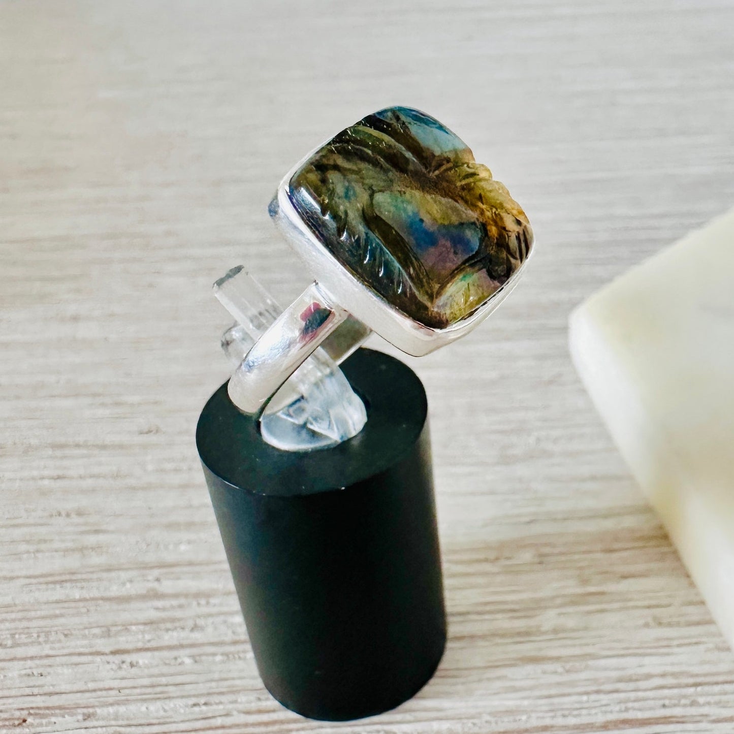 Natural Carving Labradorite Madagascar Sterling Silver Ring Size 9