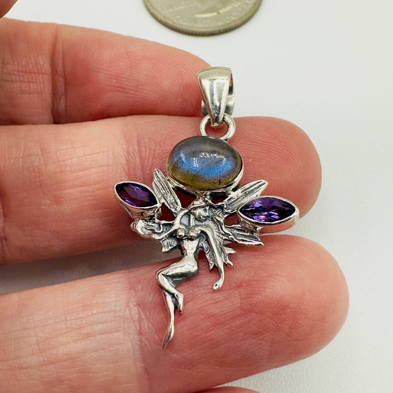 Fairy Labradorite & Amethyst 925 Sterling Silver Pendant