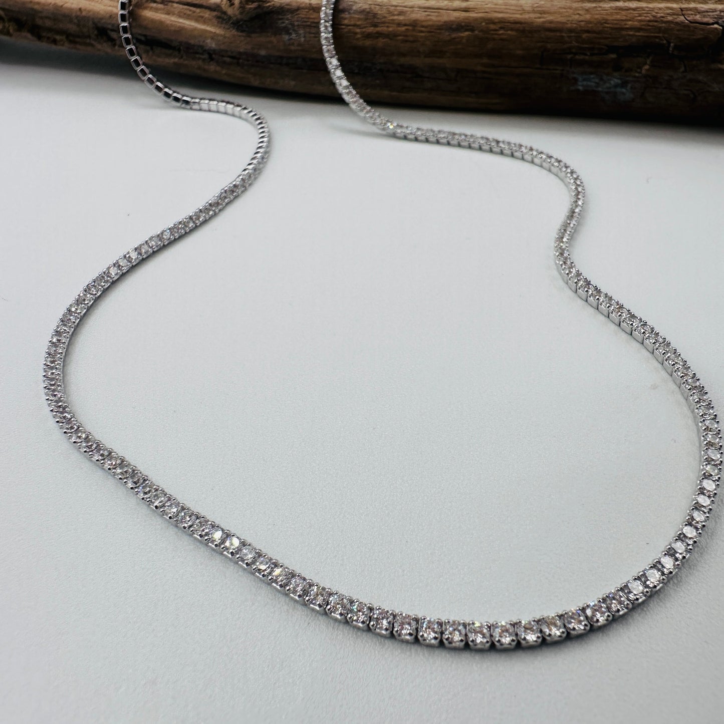 Sterling Silver CZ Tennis Necklace – 14” + 3” Extension