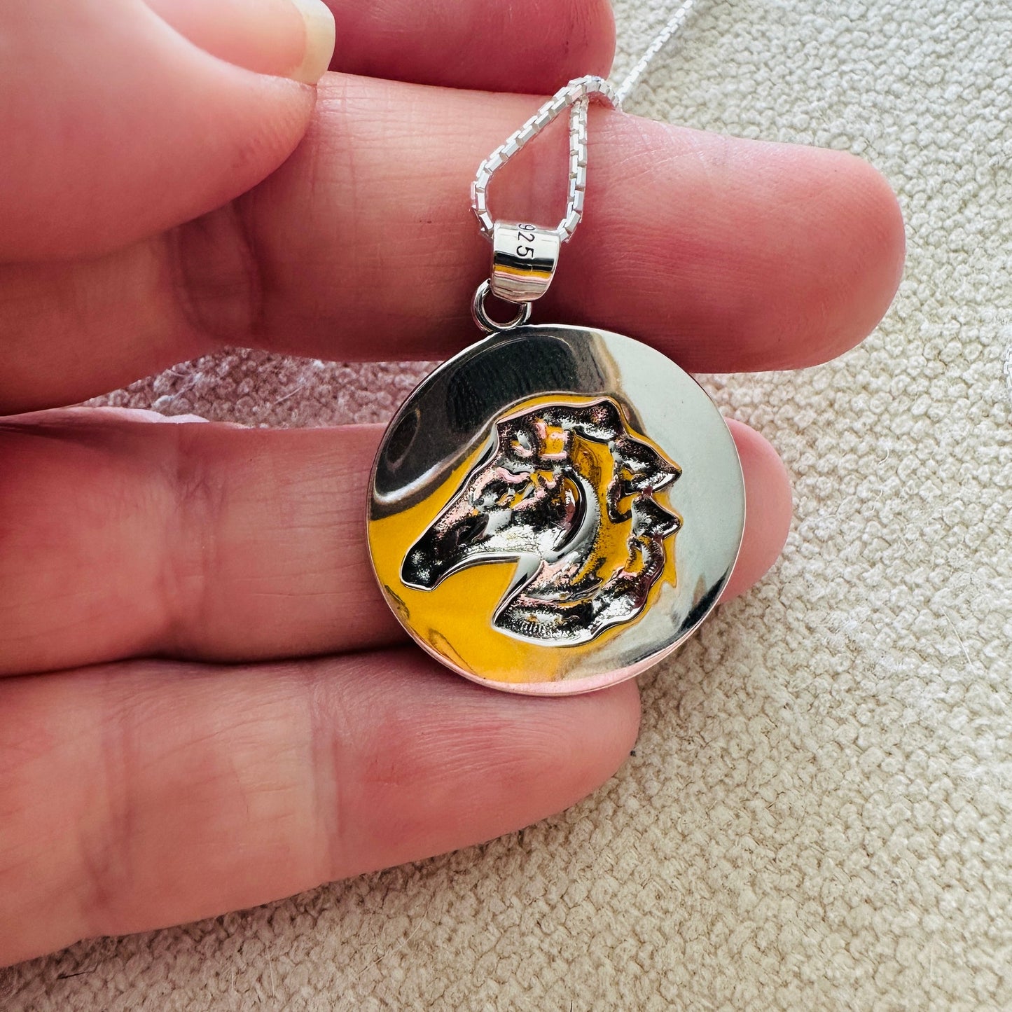 Sterling Silver Horse Medallion Necklace-925 Rounded Box Chain