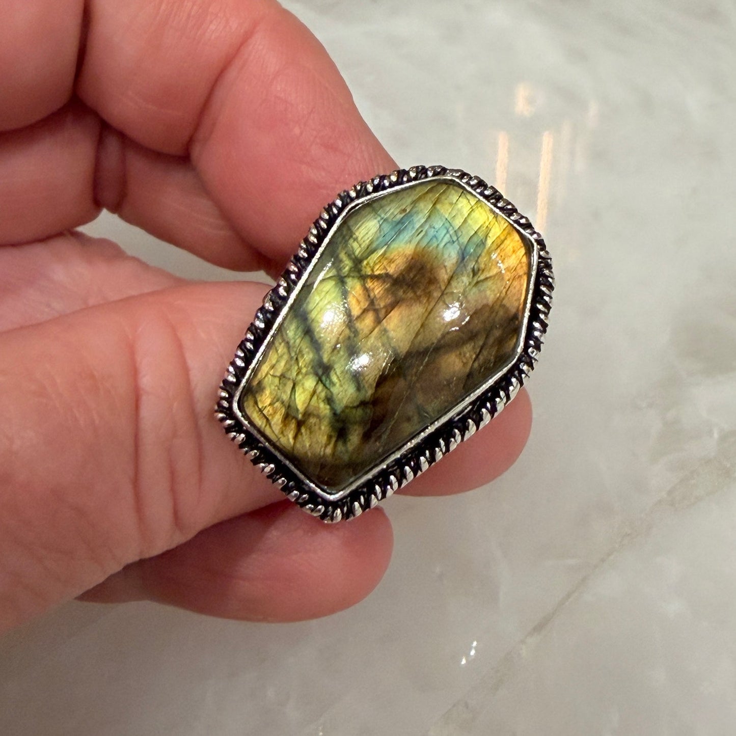 Coffin Labradorite Ring Size 9 Silver Plated Fiery Flash Statement