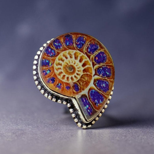 Ammonite Style Dichroic Glass Ring 925 Silver Overlay