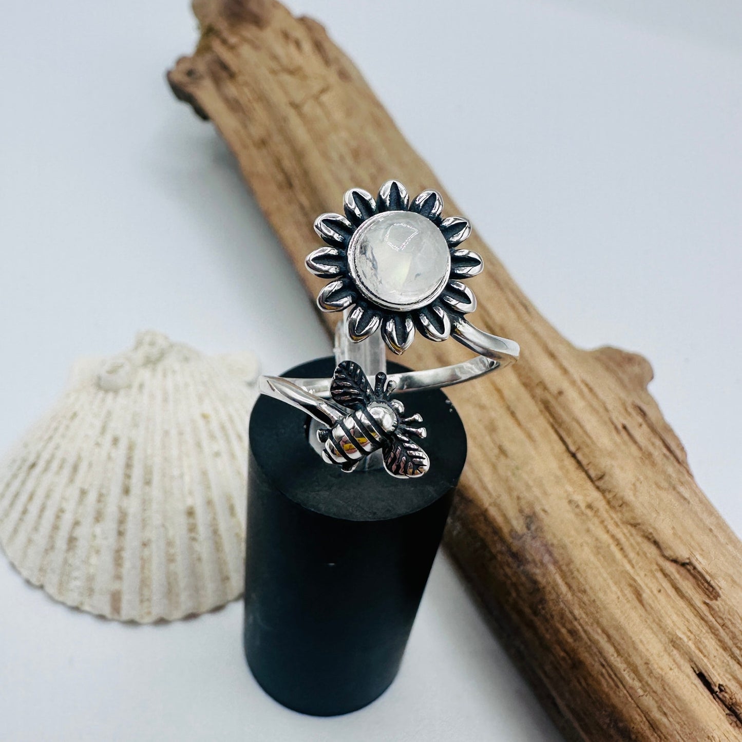 Moonstone Sterling Silver Bee & Sunflower Ring