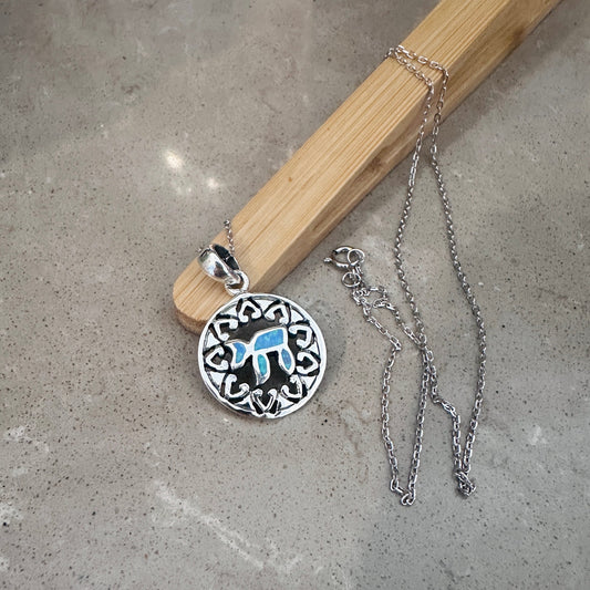 Sterling Silver Chai Pendant Necklace with Opal Inlay and Filigree Design