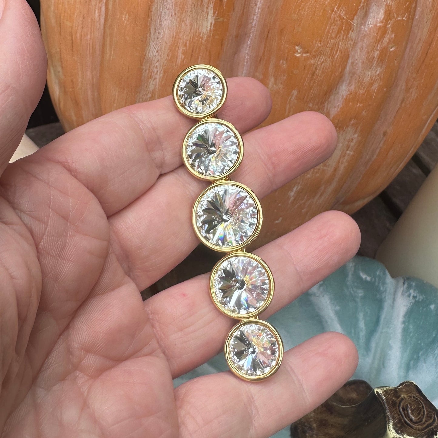 Vintage Large Rivoli Headlight Rhinestone Bar Brooch-Clear Crystal Estate Piece