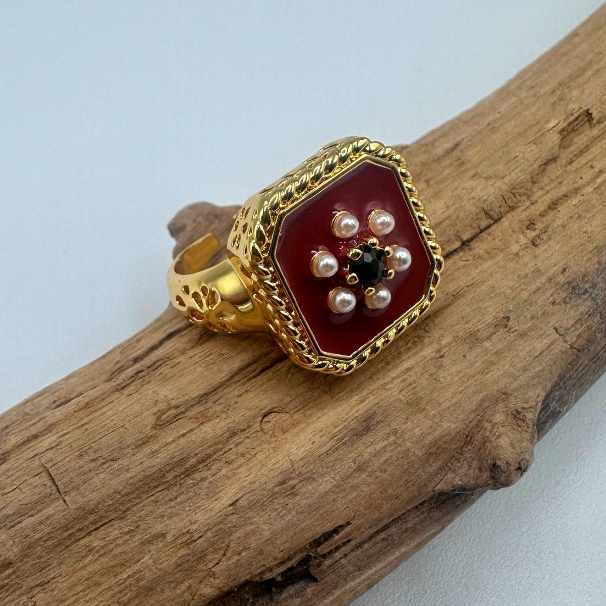 18K Retro Pearl Flower Ring-Adjustable