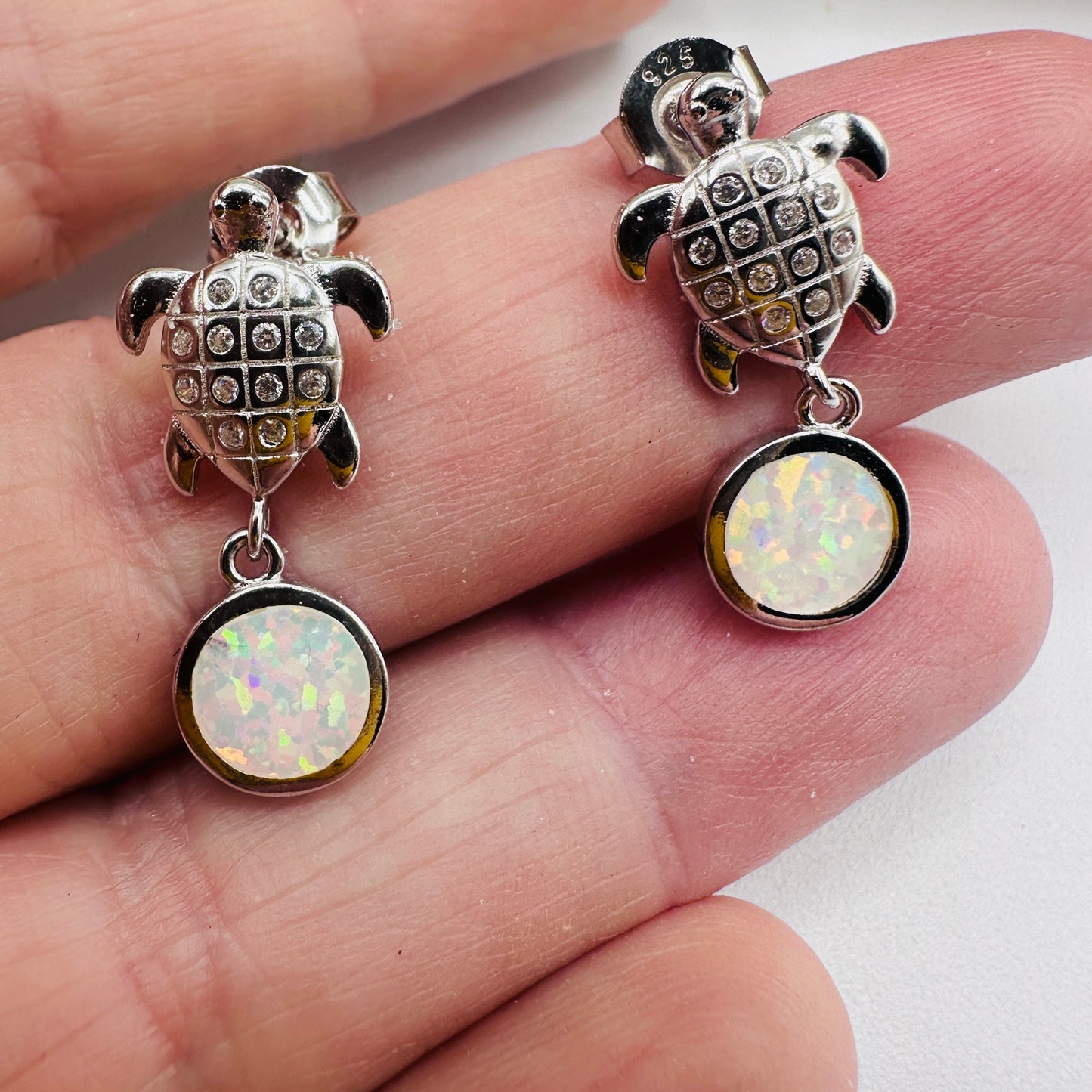 Sterling Silver White Opal Sea Turtle Drop Earrings with White Topaz
