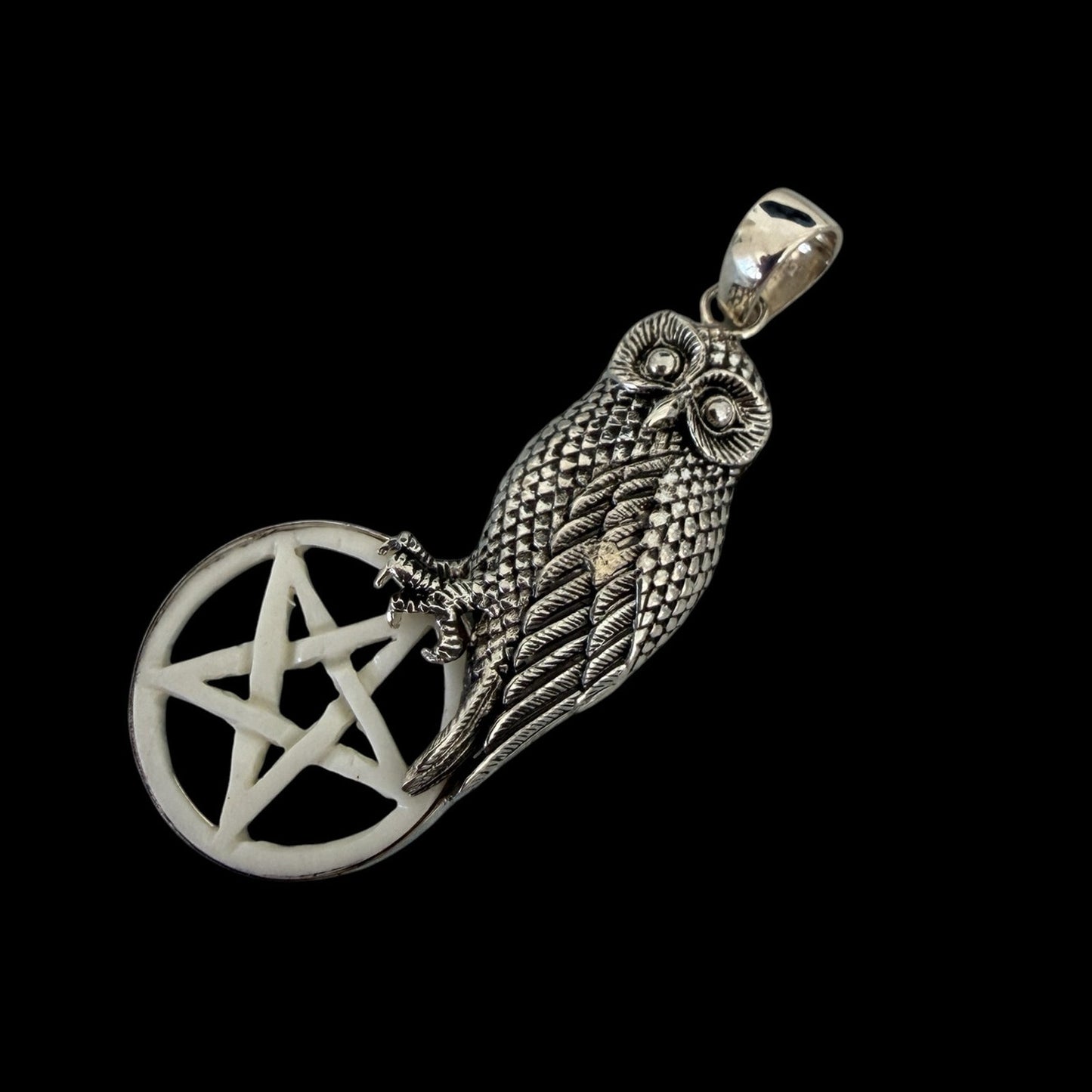 Owl Pentagram Pendant 925 Sterling Silver Carved Bone Gothic Wicca