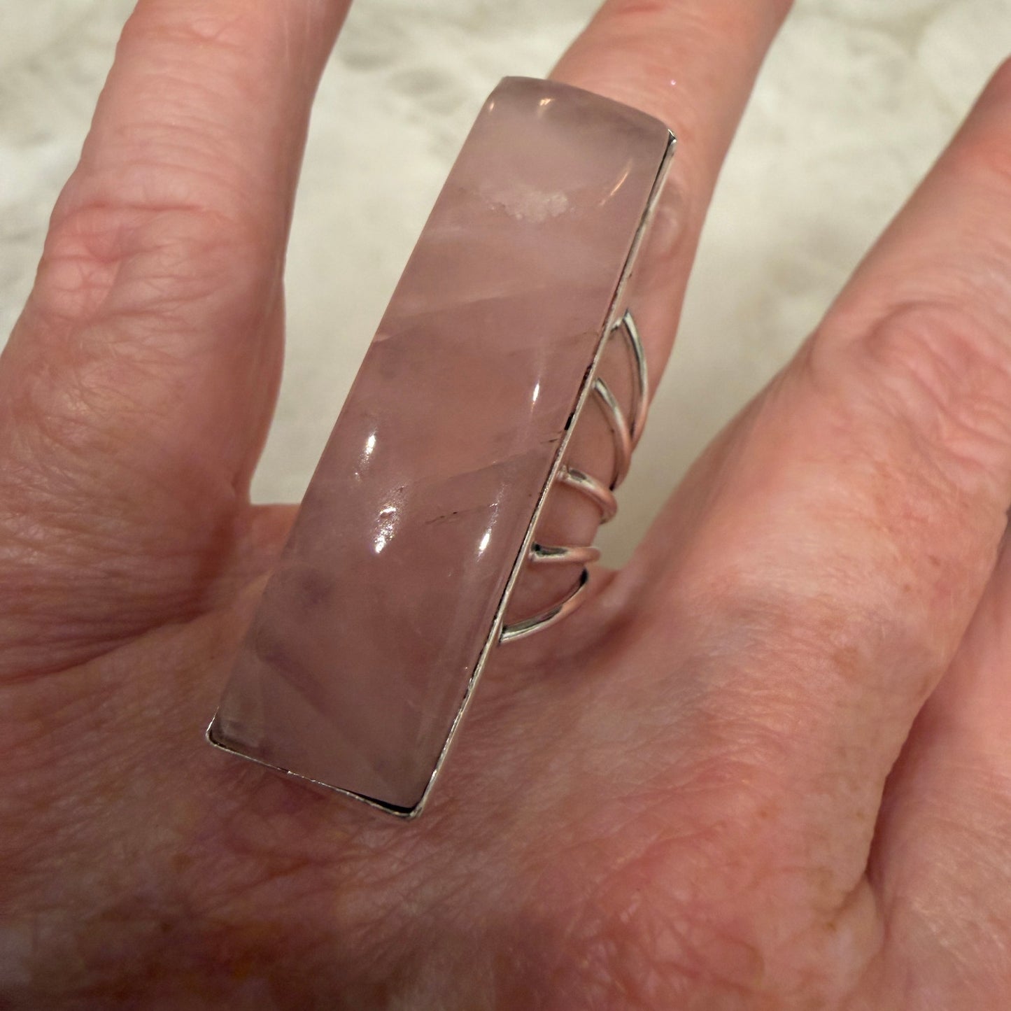 Rose Quartz Bar Ring 925 Silver Plated Statement Size 7