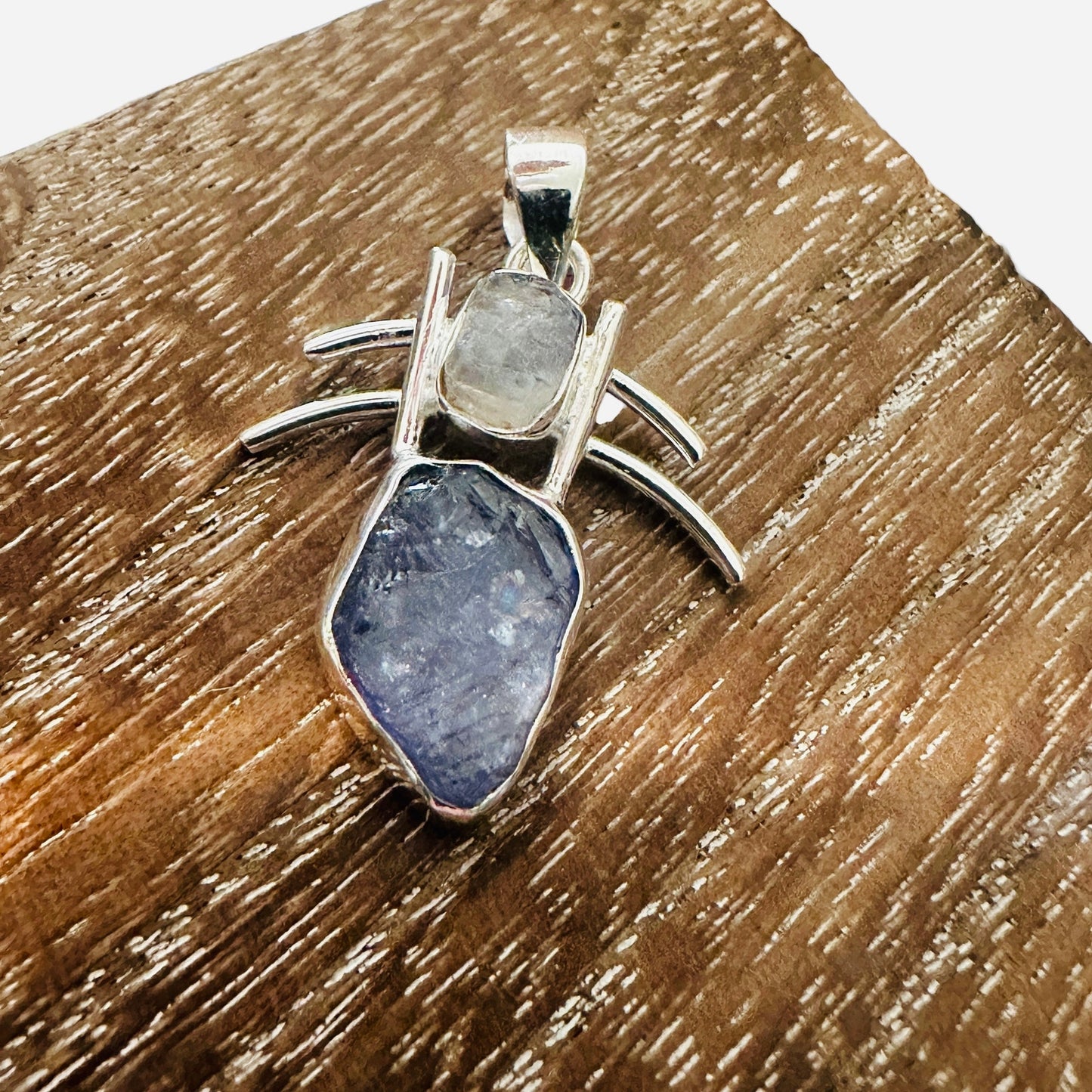 Raw Tanzanite Crystal Rainbow Moonstone 925 Sterling Silver Pendant