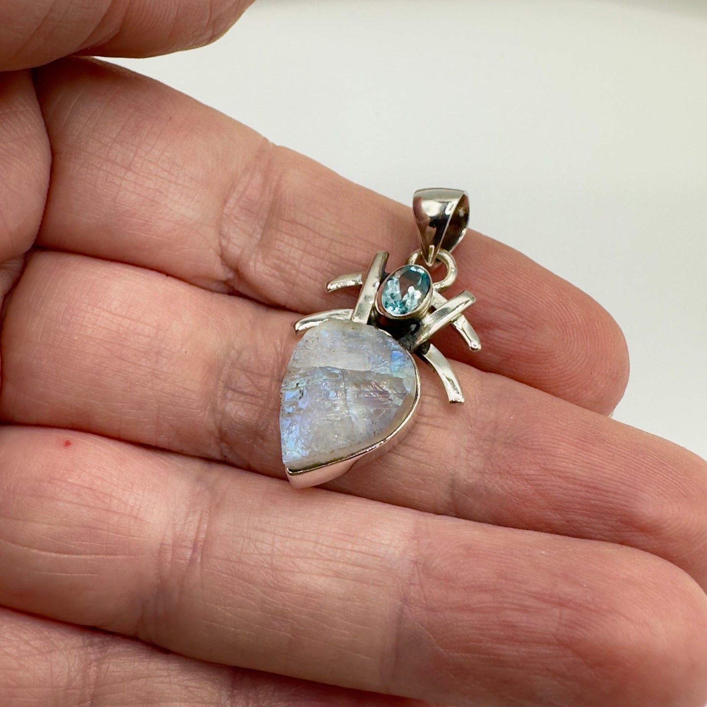 Sterling Silver Natural Rainbow Moonstone Rough & Blue Topaz Pendant