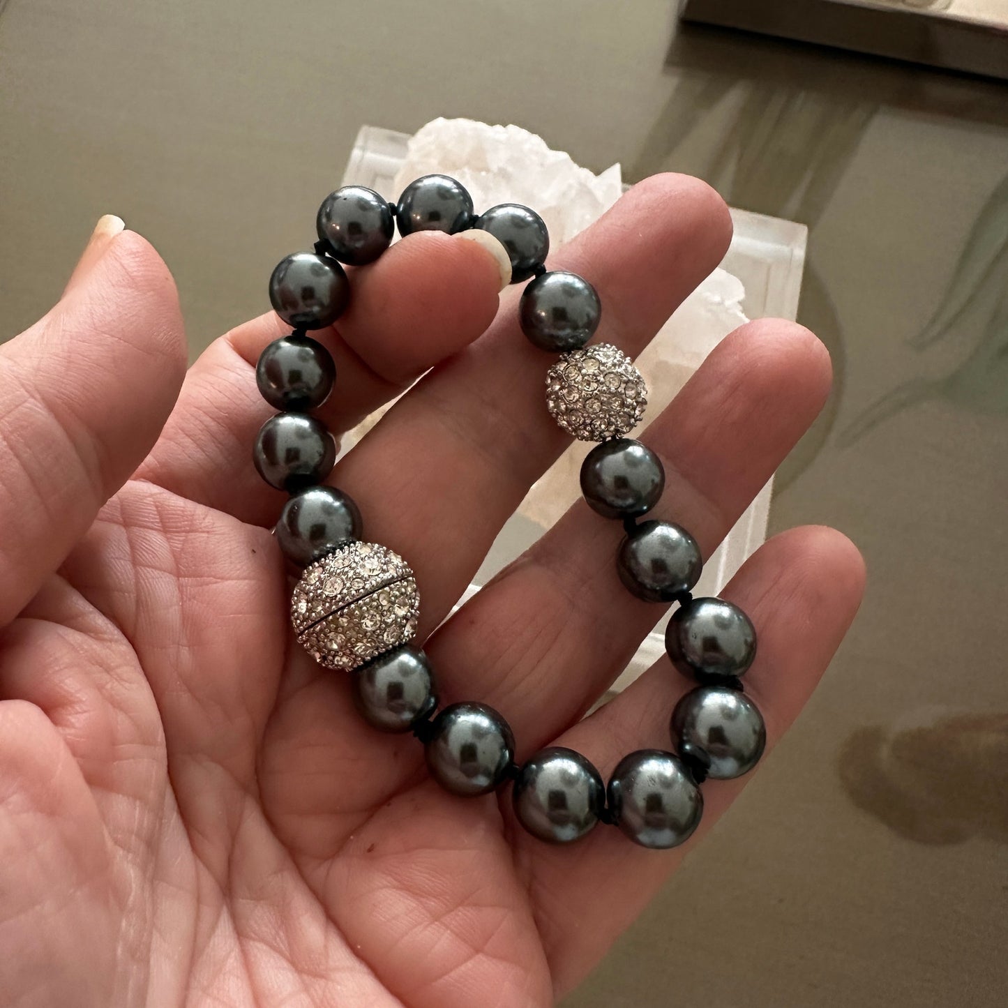 Gray Pearl Pave Ball Crystal Magnetic Close Bracelet
