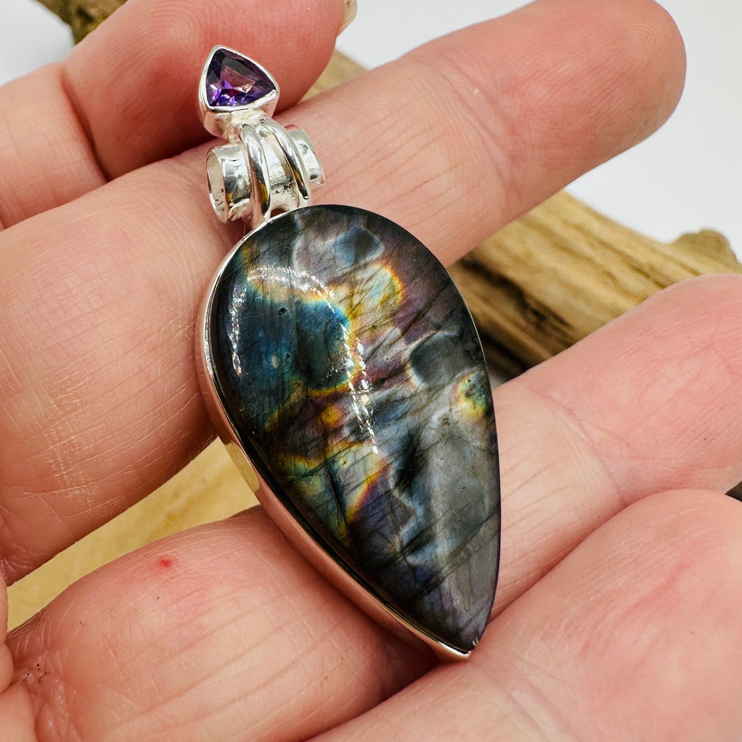 Purple Labradorite & Amethyst Pendant – Madagascar Gemstone, 925 Sterling Silver