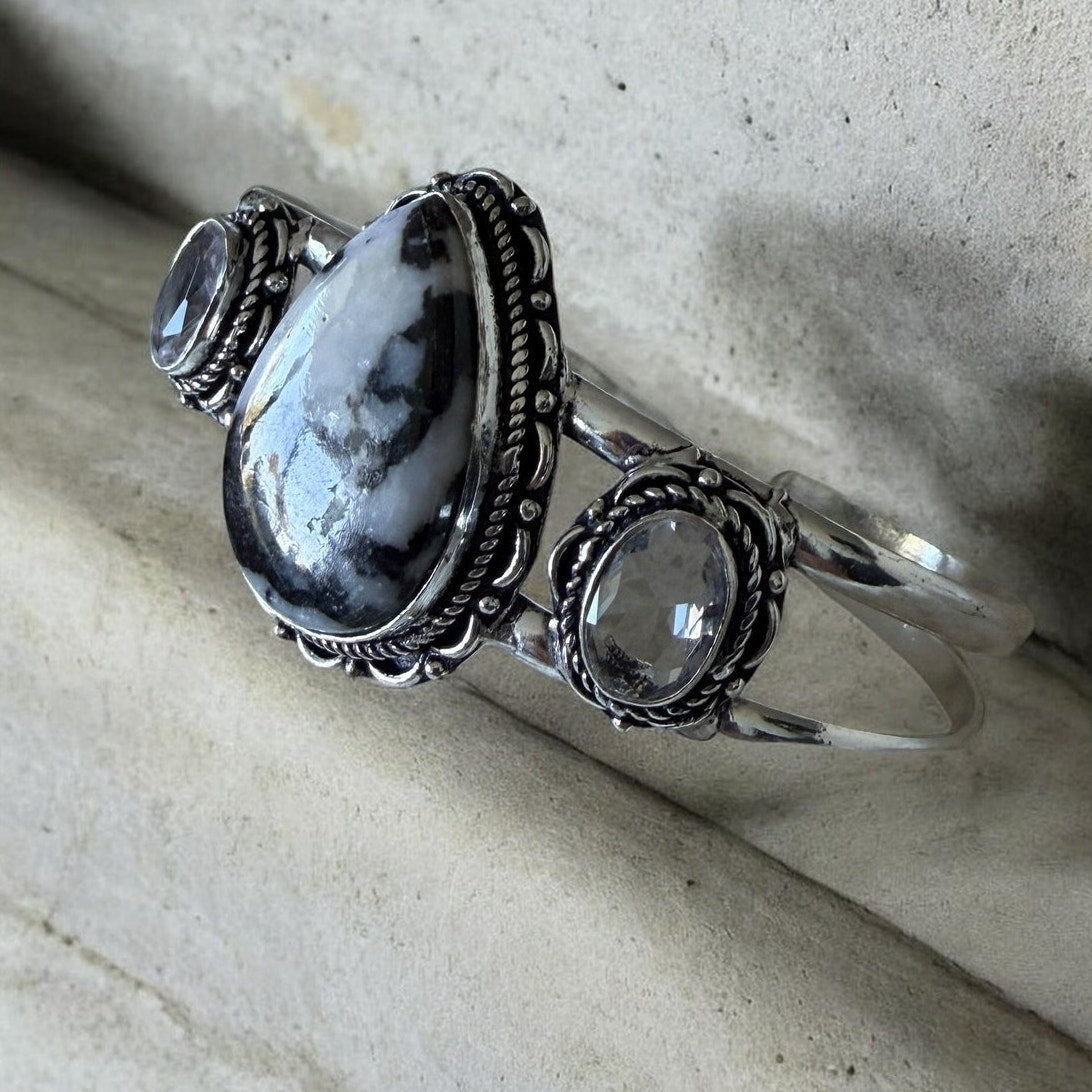 White Buffalo Turquoise White Topaz 925 Silver Overlay Cuff Bangle