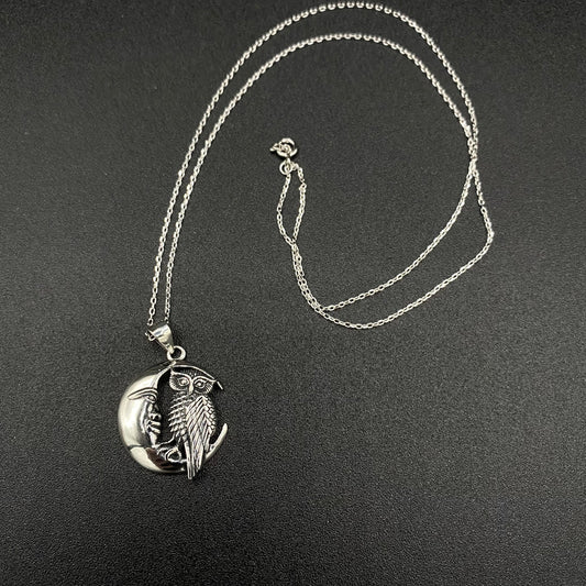 Owl And Moon Sterling Silver Necklace