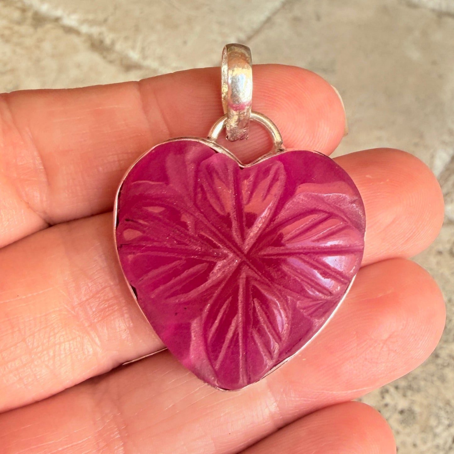 Carved Ruby Heart Clover Pendant 925 Silver Overlay