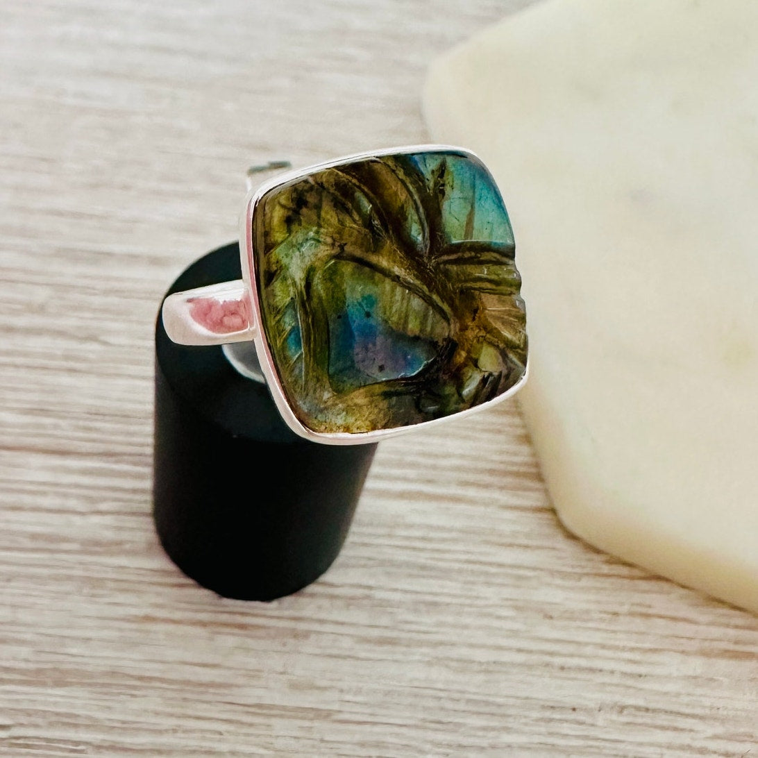 Natural Carving Labradorite Madagascar Sterling Silver Ring Size 9