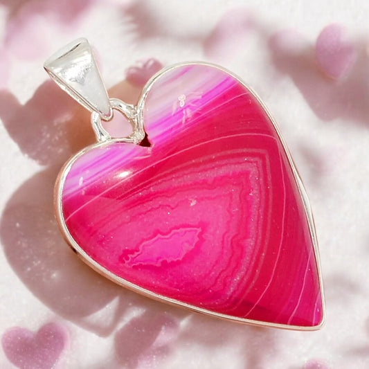 Pink Agate Heart Pendant Sterling Silver
