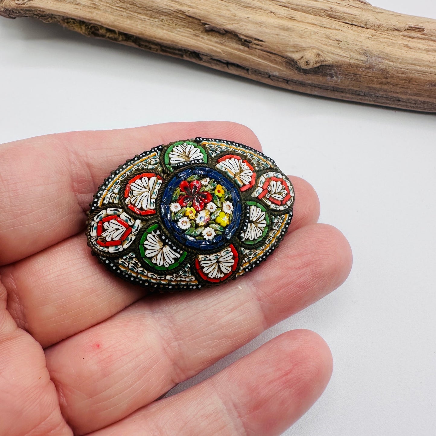 Vintage Italian Micro Mosaic Floral Brooch
