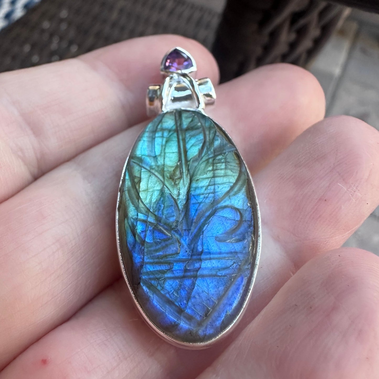 Natural Carving Labradorite & Amethyst 925 Silver Pendant