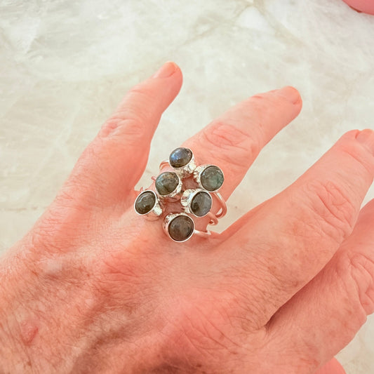 Labradorite Cluster Ring 925 Silver Plated Adjustable, Statement, Boho