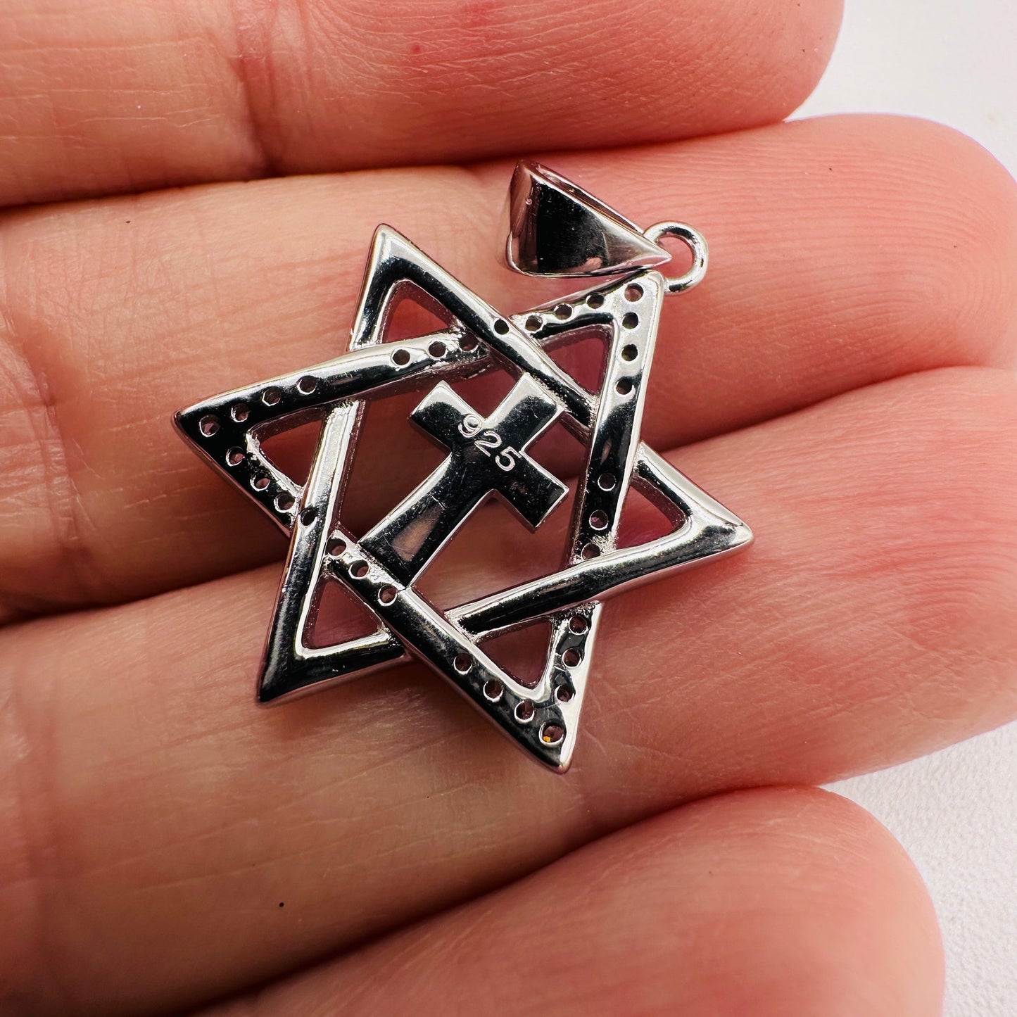Sterling Silver Star of David Lab Opal Cross CZ Pendant