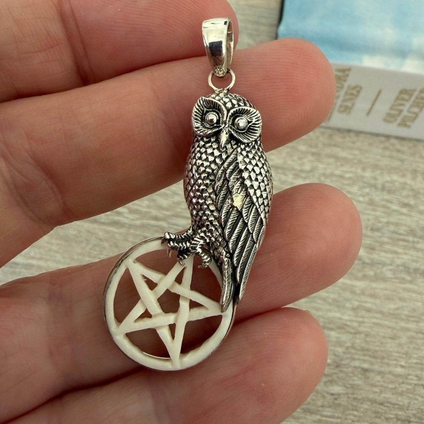 Owl Pentagram Pendant 925 Sterling Silver Carved Bone Gothic Wicca